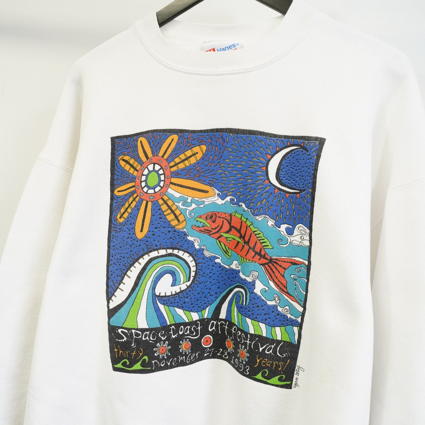 (XL) Vintage 90s Art Festival Nature Crewneck Sweatshirt Men's XL White Fish Retro