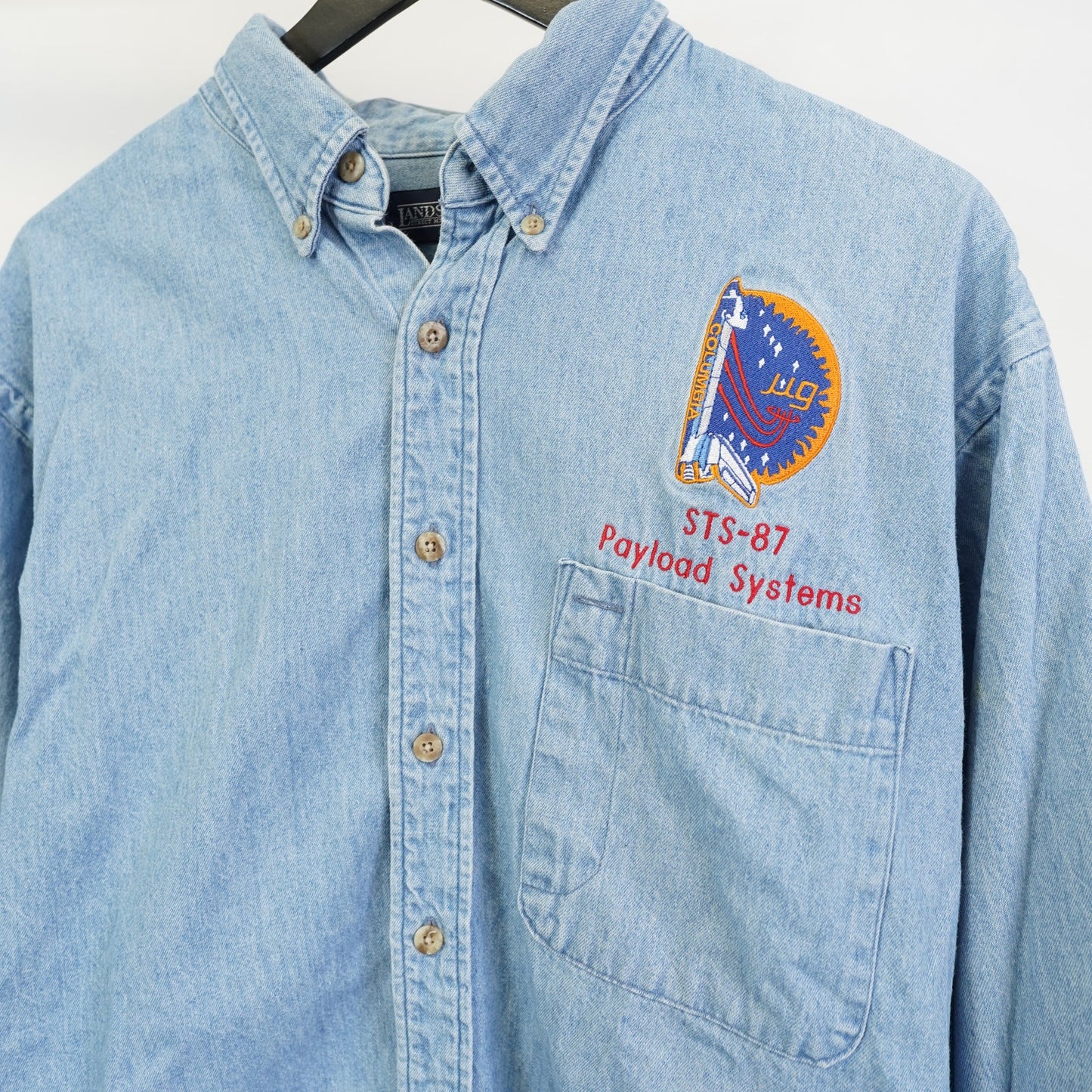 (L) Vintage Nasa Columbia Space Shuttle Denim Button Up Shirt Men's L 90s Stitched