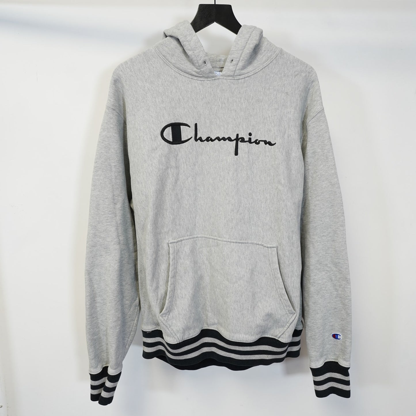 (L) Champion Reverse Weave Embroidered Spellout Hoodie Men's L Gray Sewn Stitched