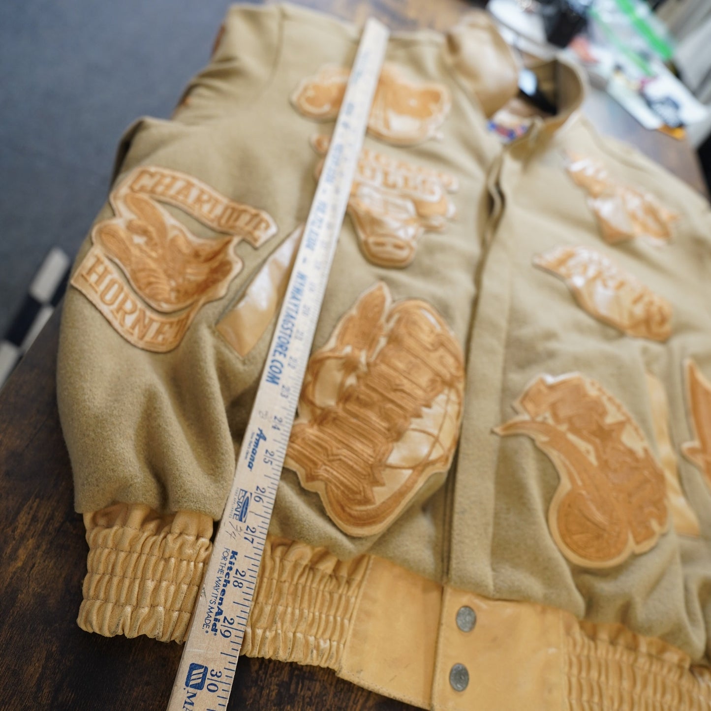 (5XL) Vintage Jeff Hamilton NBA Logo Patch Leather Jacket Men's Tan Wool Hip Hop