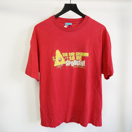 (L) Vintage Sponge Bob Square Pants Christmas Holiday T-Shirt Mens L Red Nickelodean