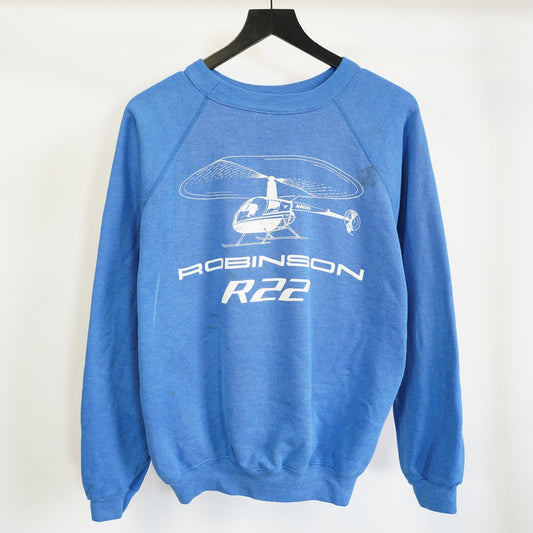 (L) Vintage Robinson R22 Helicopter 80s Sweatshirt Men's L Blue Pilot Indie Retro