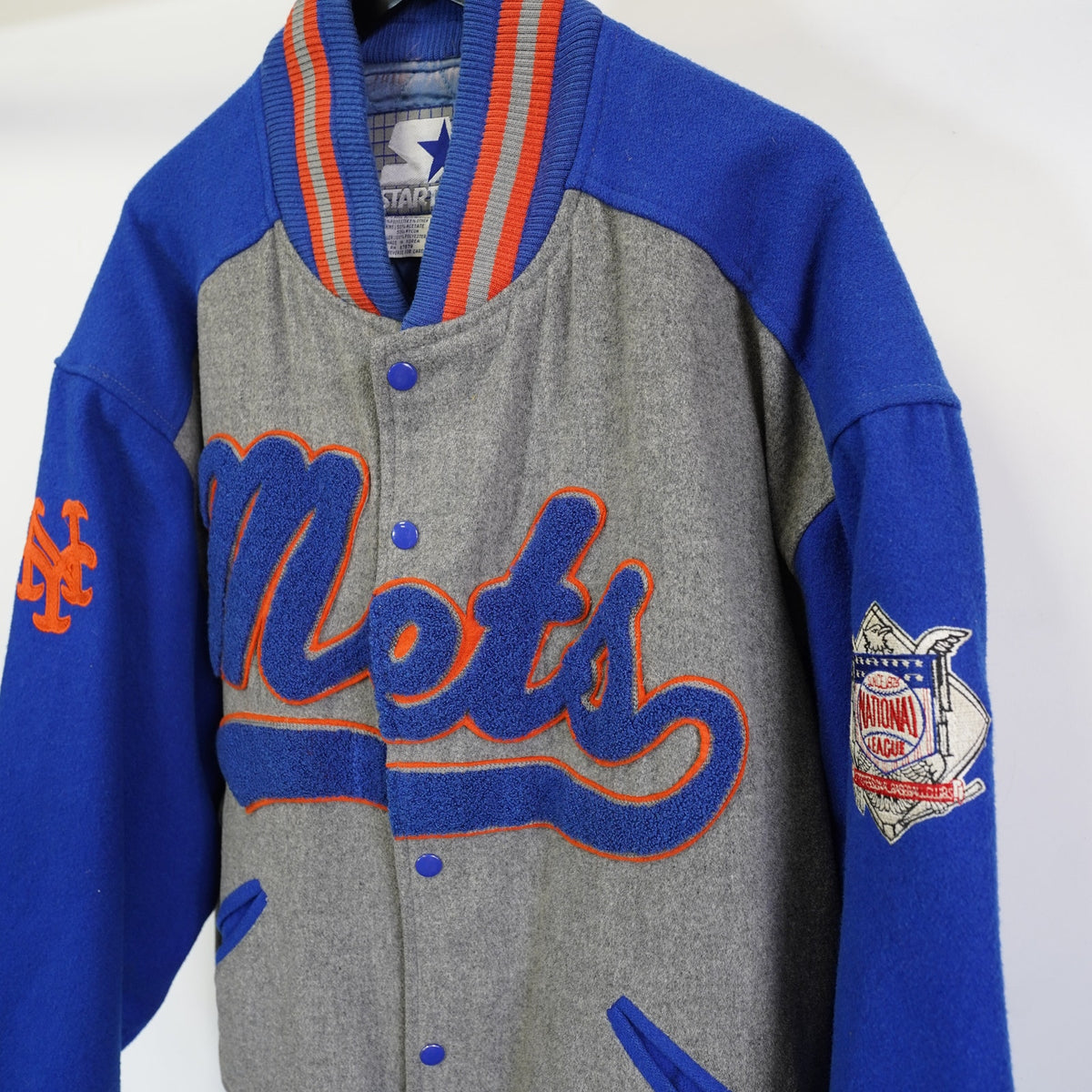(XL) Vintage NY Mets Starter Wool Varsity Jacket Embroidered Men's XL 90s Gray Blue
