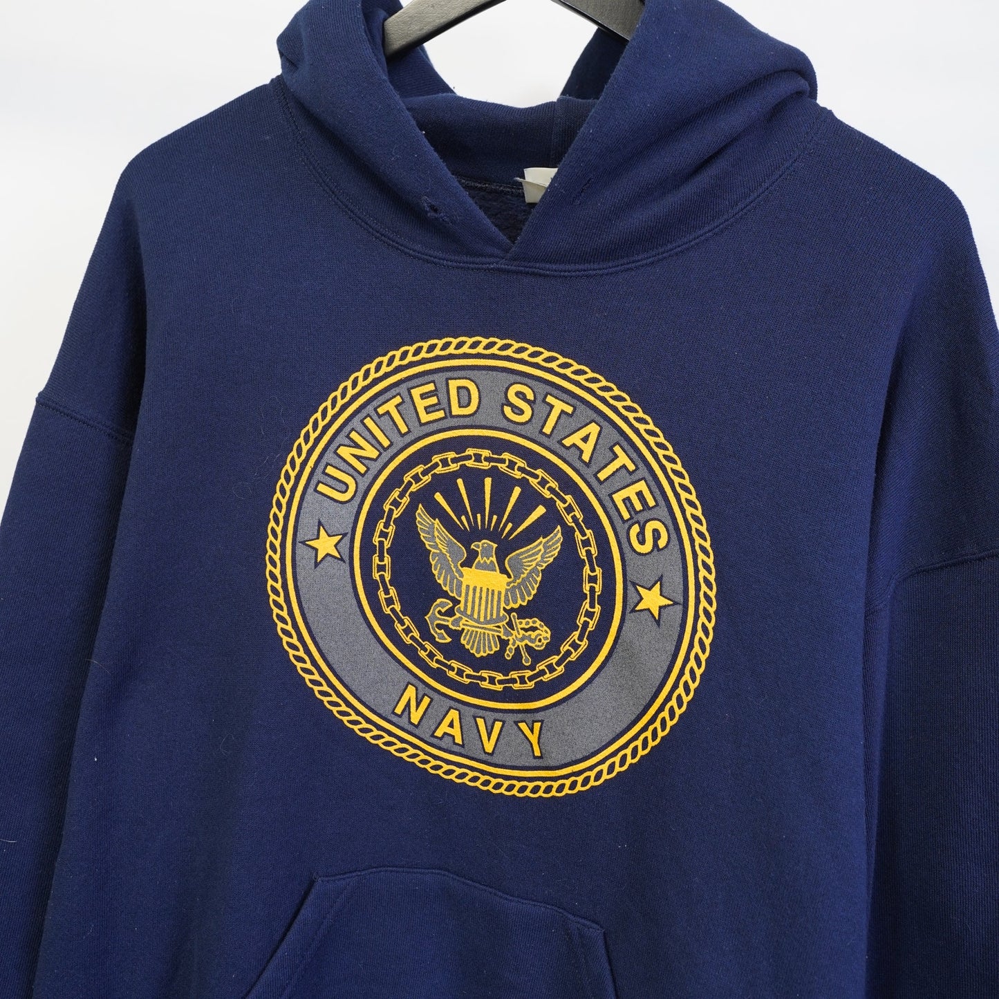 (L) Vintage US Navy Big Logo Pullover Hoodie Men's L Blue Gold Retro