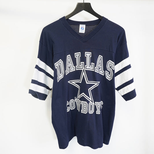 (L) Vintage Dallas Cowboys Logo 7 Jersey T-Shirt Men's L Navy Blue 90s Retro V-Neck