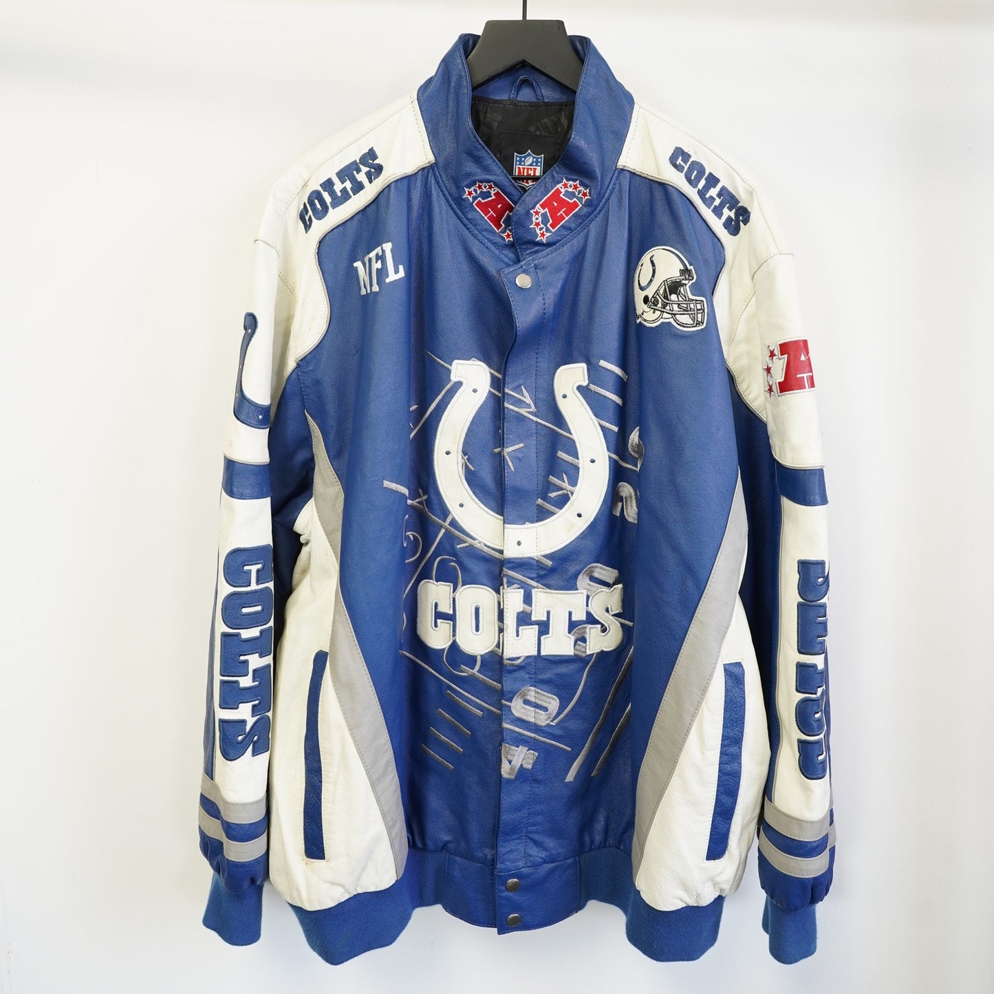 (3XL) Vintage Indianapolis Colts Leather Jacket Sewn Patches Mens 3XL Blue G-III 2000s