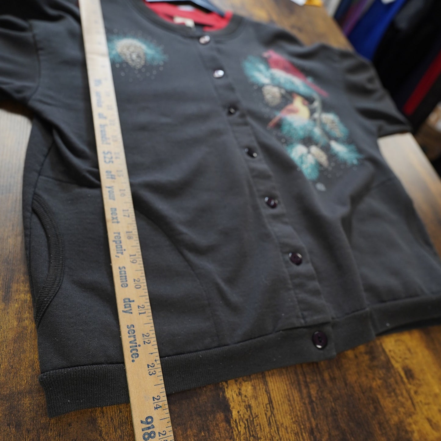 (L) Vintage Grandmother Cardinal Nature Cardigan Sweatshirt Women's L Black Cottage