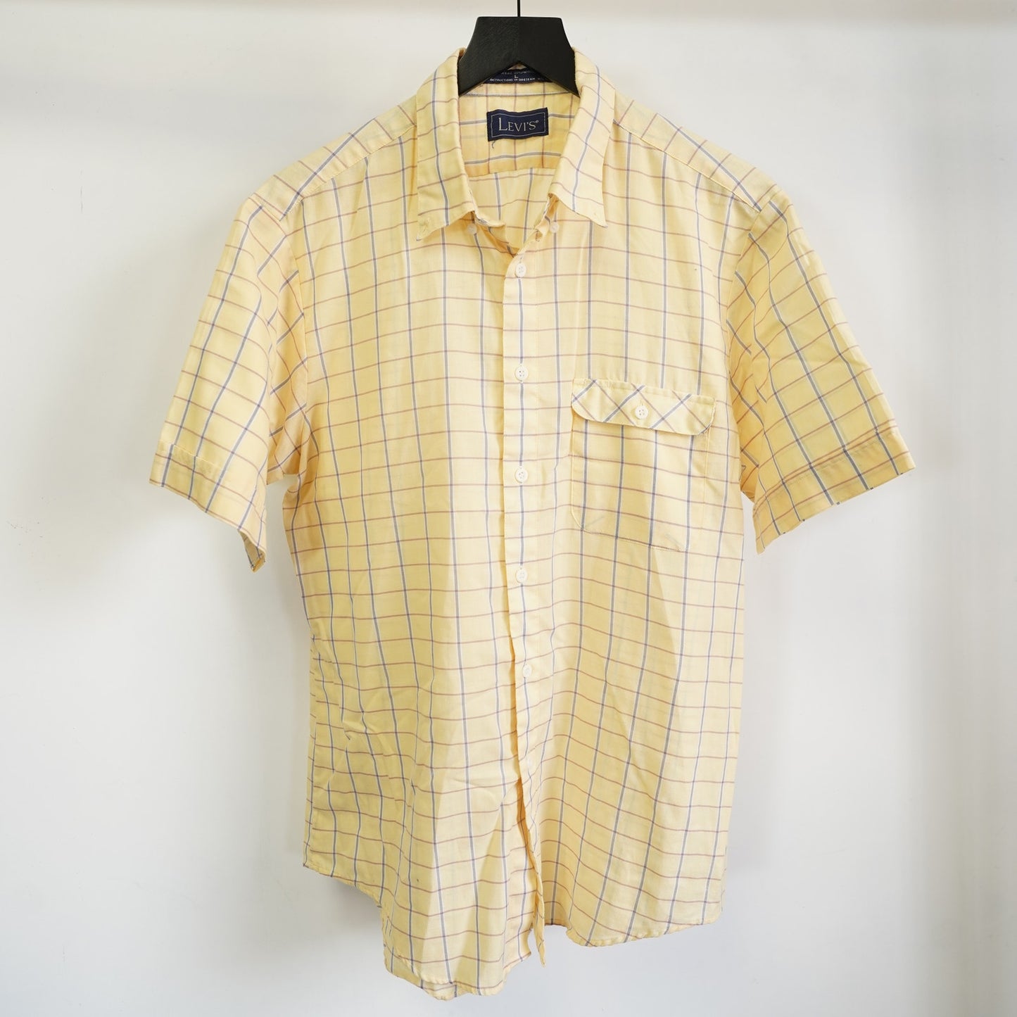 (L) True Vintage Levis 70s Button Up Shirt Grid Pattern Men's L White Disco Western