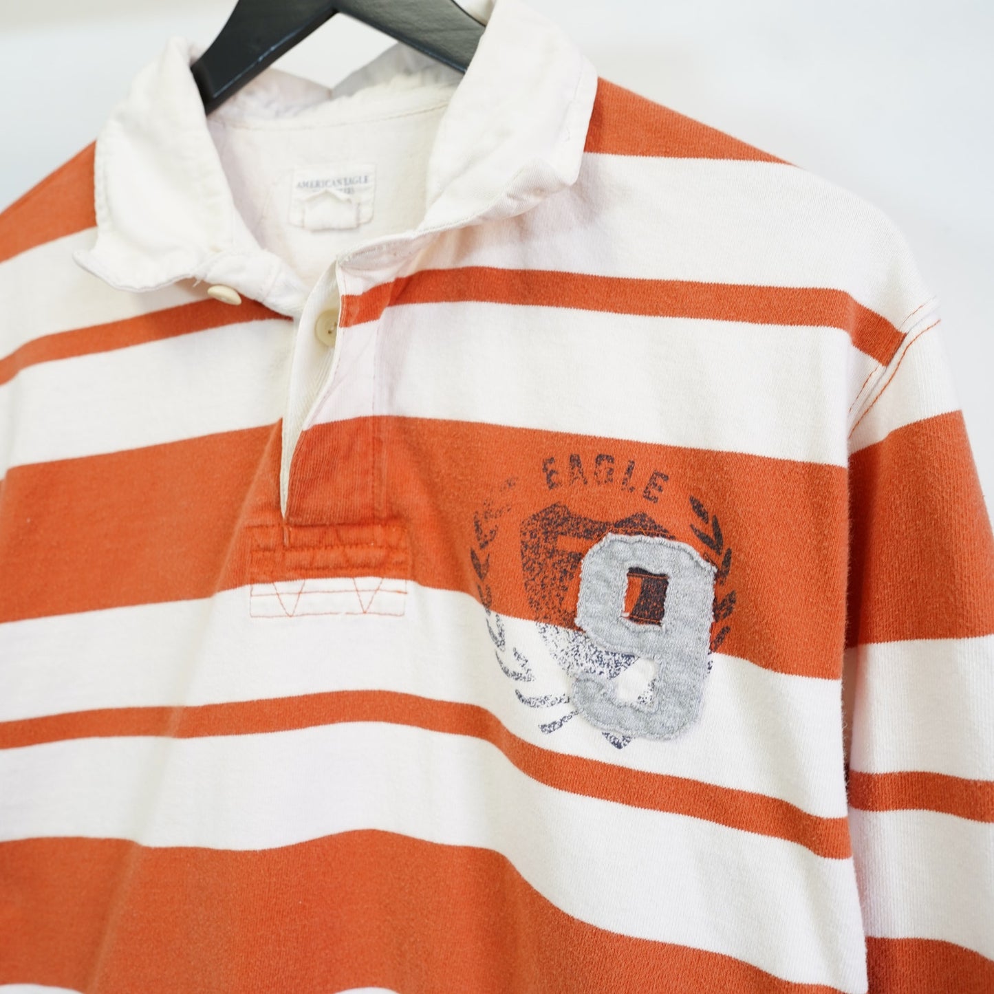 (M) Vintage American Eagle Striped Rugby Long-Sleeve Polo Shirt Men's M Orange Y2K