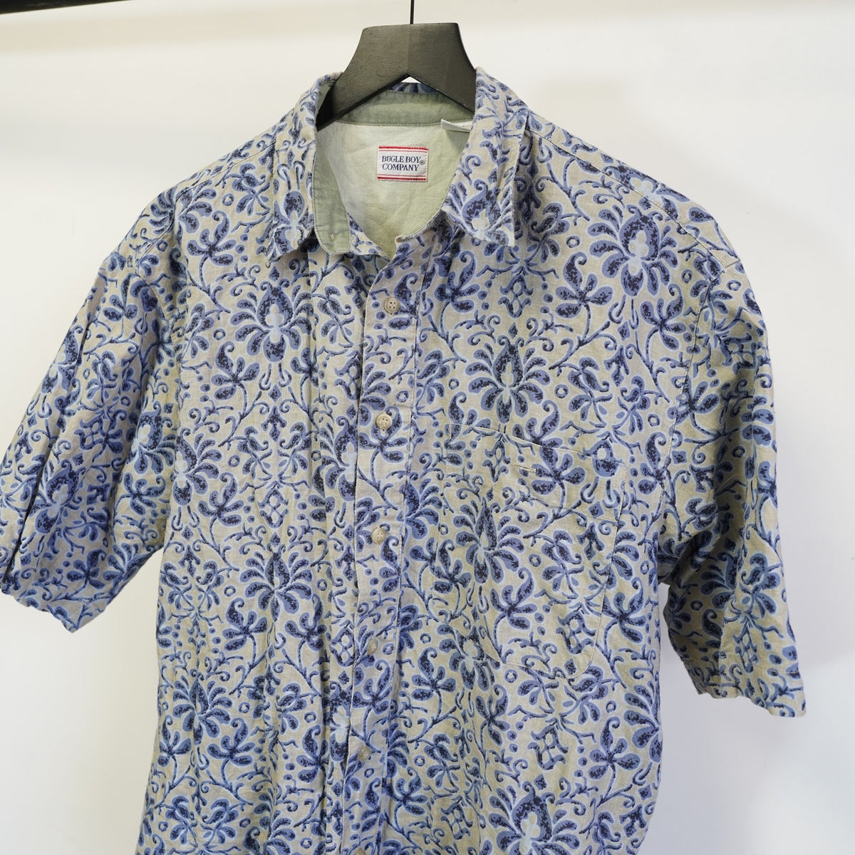 (M) Vintage Bugle Boy 90s Floral Geometric Button Up Shirt Men's M Blue Gray Baggy