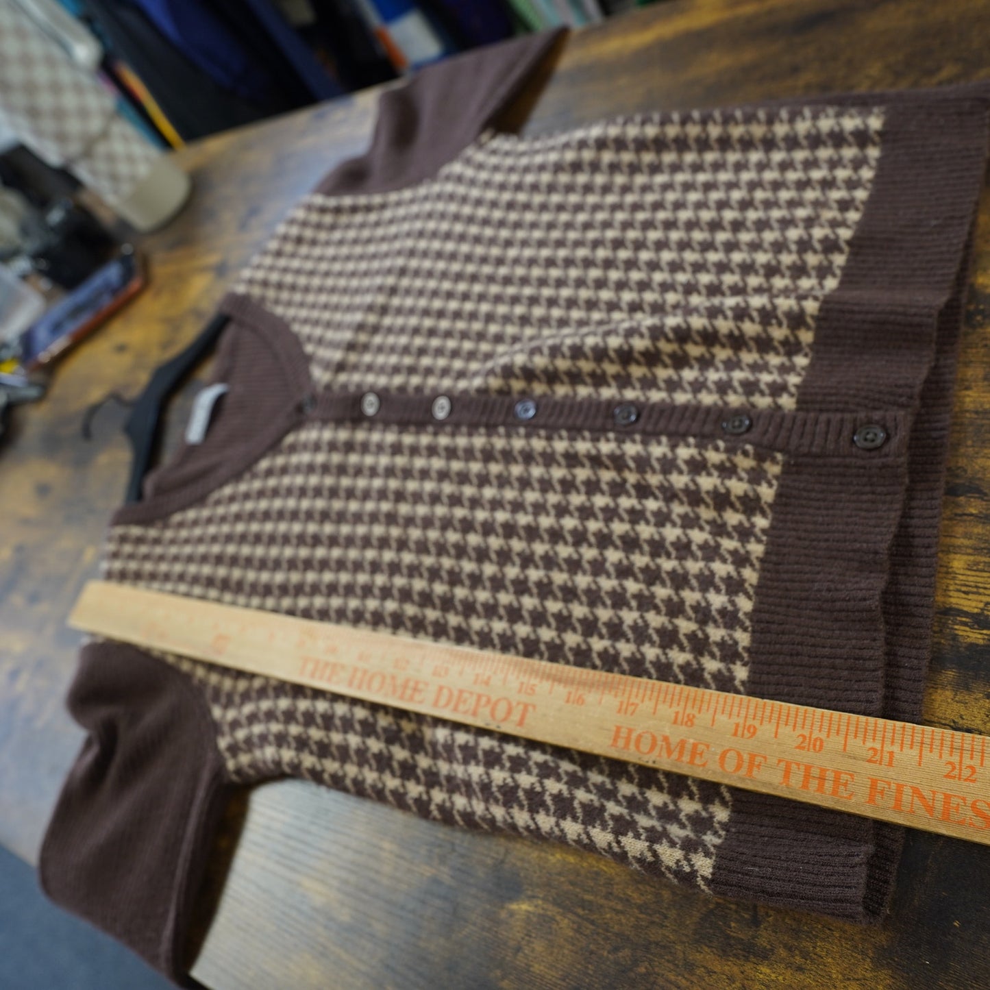 (Women's M) Vintage Kate Hill Houndstooth Cardigan Knit Sweater Women's M Brown Tan Preppy