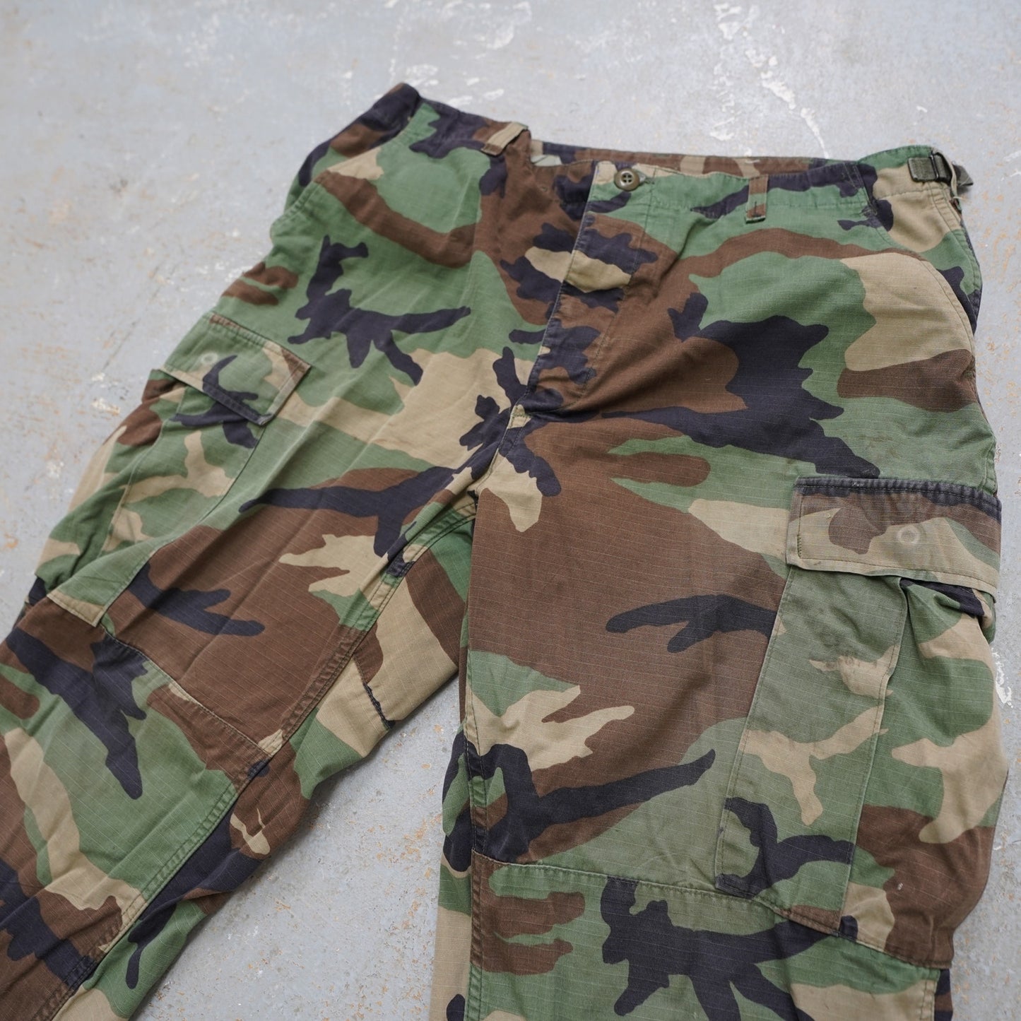 (L) Vintage US Army Cargo Pants Large 36x32 Green Woodland Camo Trousers Ripstop