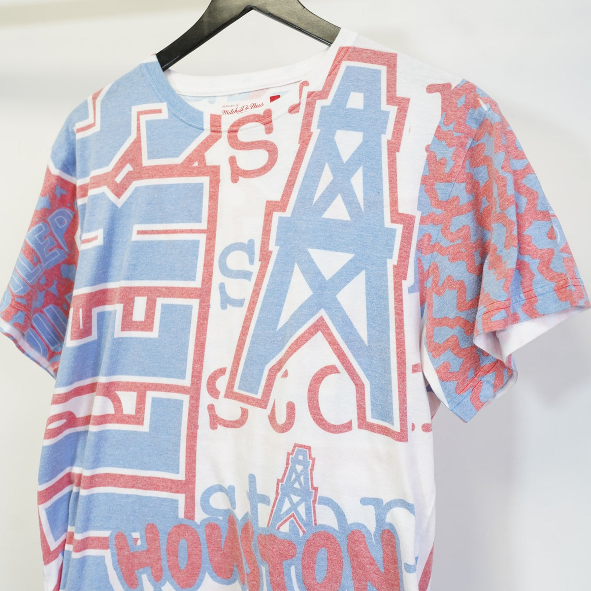 (S) Houston Oilers All Over Print Mitchell & Ness Retro T-Shirt Men's S White Blue
