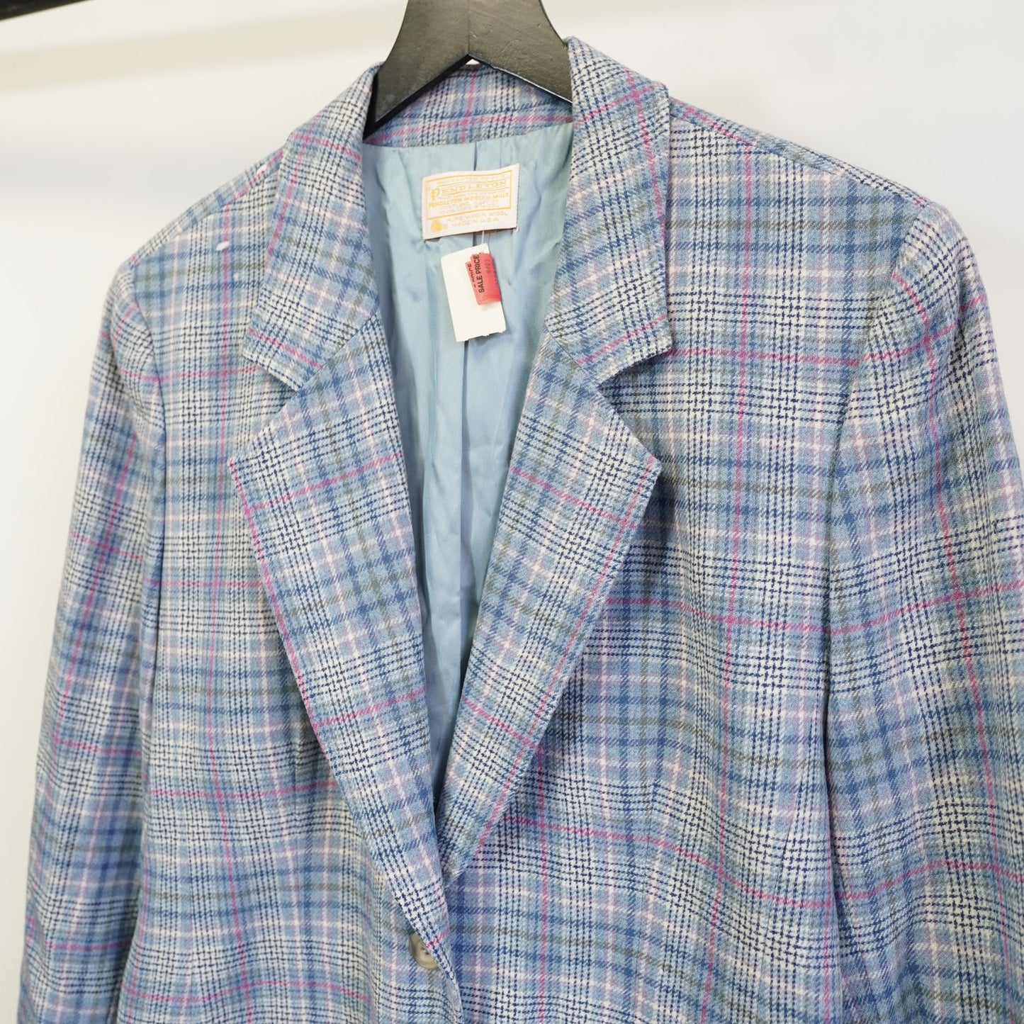 (Women's L) Vintage Wool Pendleton Plaid Jacket Blazer Tartan USA Blue White New
