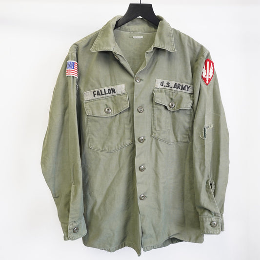 (XL) Vintage 60s US Army OG-107 Sateen Fatigue Shirt Vietnam Era Men's XL Patch