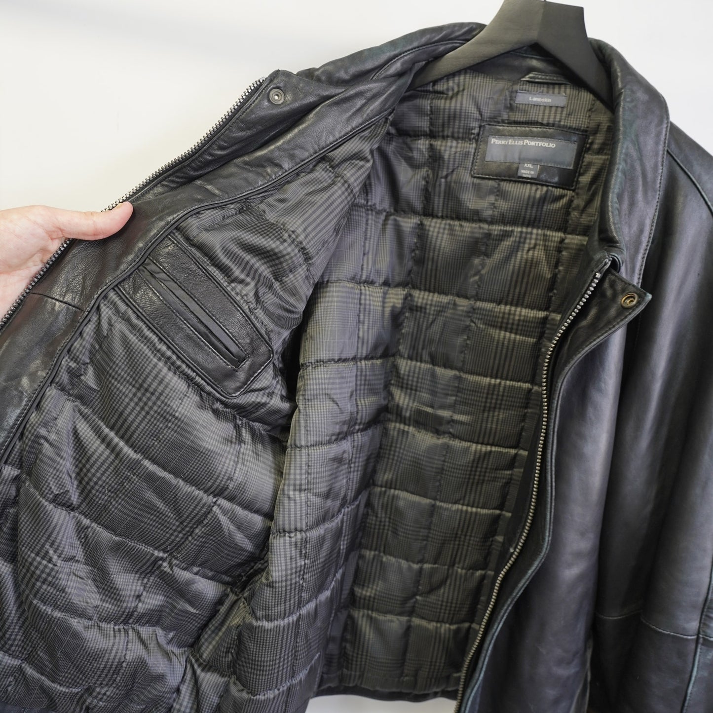 (XXL) Vintage Perry Ellis Lambskin Leather Black Bomber Jacket Men's XXL Pilot Retro