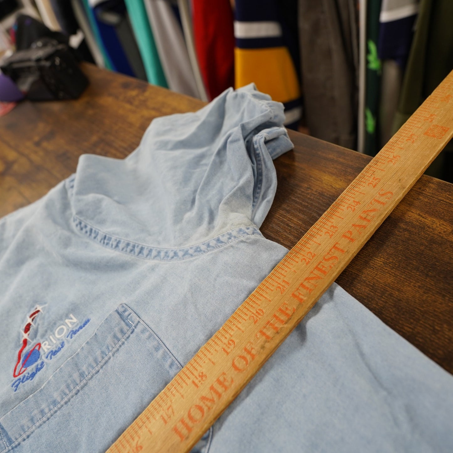 (M) Vintage Nasa Orion Flight Team Denim Button Up Men's M Space Shuttle Aviation