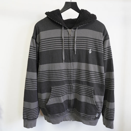 (XL) Y2K Volcom Surf & Skate Striped Sherpa Lined Hoodie Men's XL Black Emo 2000s