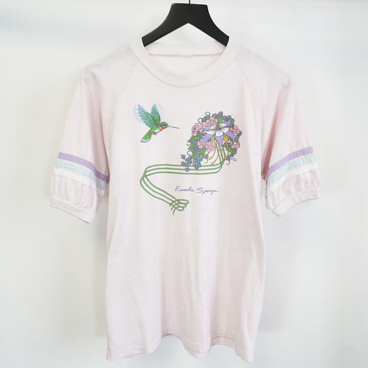 (L) Vintage 80s Hummingbird Flower Nature T-Shirt Women's L Granny Core Pink