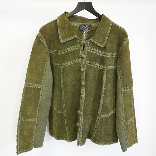 (Women's XL) Vtg Selene Sport Leather Patchwork Jacket Crotchet Women's Sz. 16 XL Olive Green