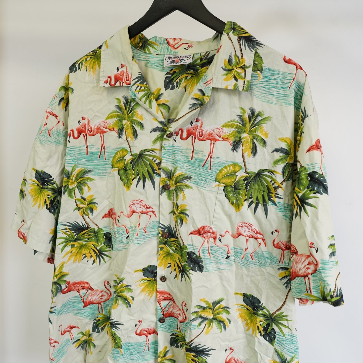 (XL) Vintage Pacific Legend Flamingo Hawaiian Button Down Shirt Men's XL White Polo