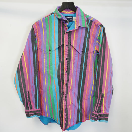 (L) Vintage Wrangler Brush Popper Stripe Western 16.5-35 Button Up Shirt Multicolor