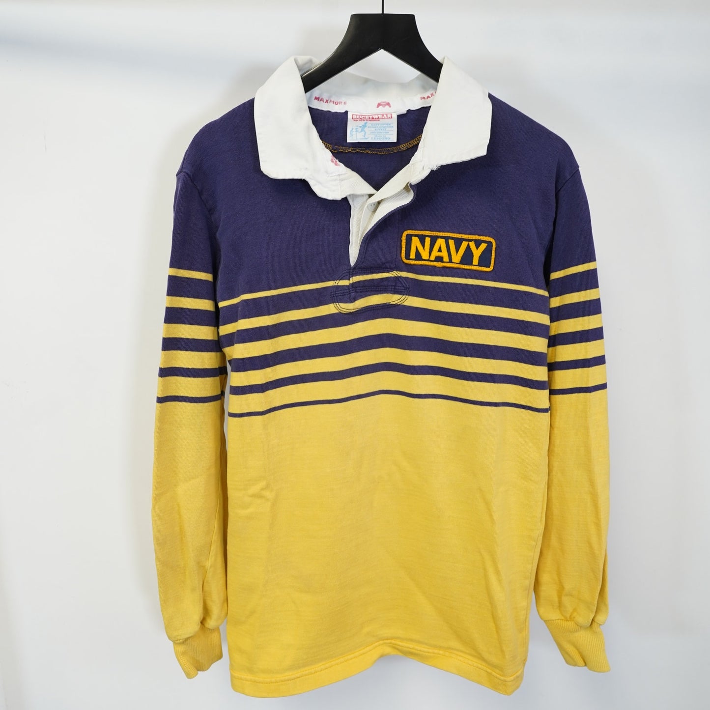 (L) Vintage U.S. Navy Striped Rugby Polo Men's L Sz 44 Yellow Blue Longsleeve Retro
