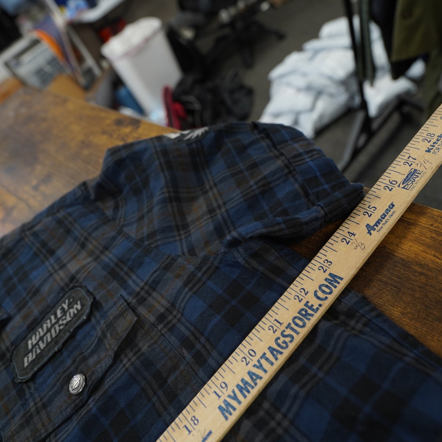 (L) Harley Davidson Motorcycles Plaid Biker Button Up Shirt Men's L Blue Black