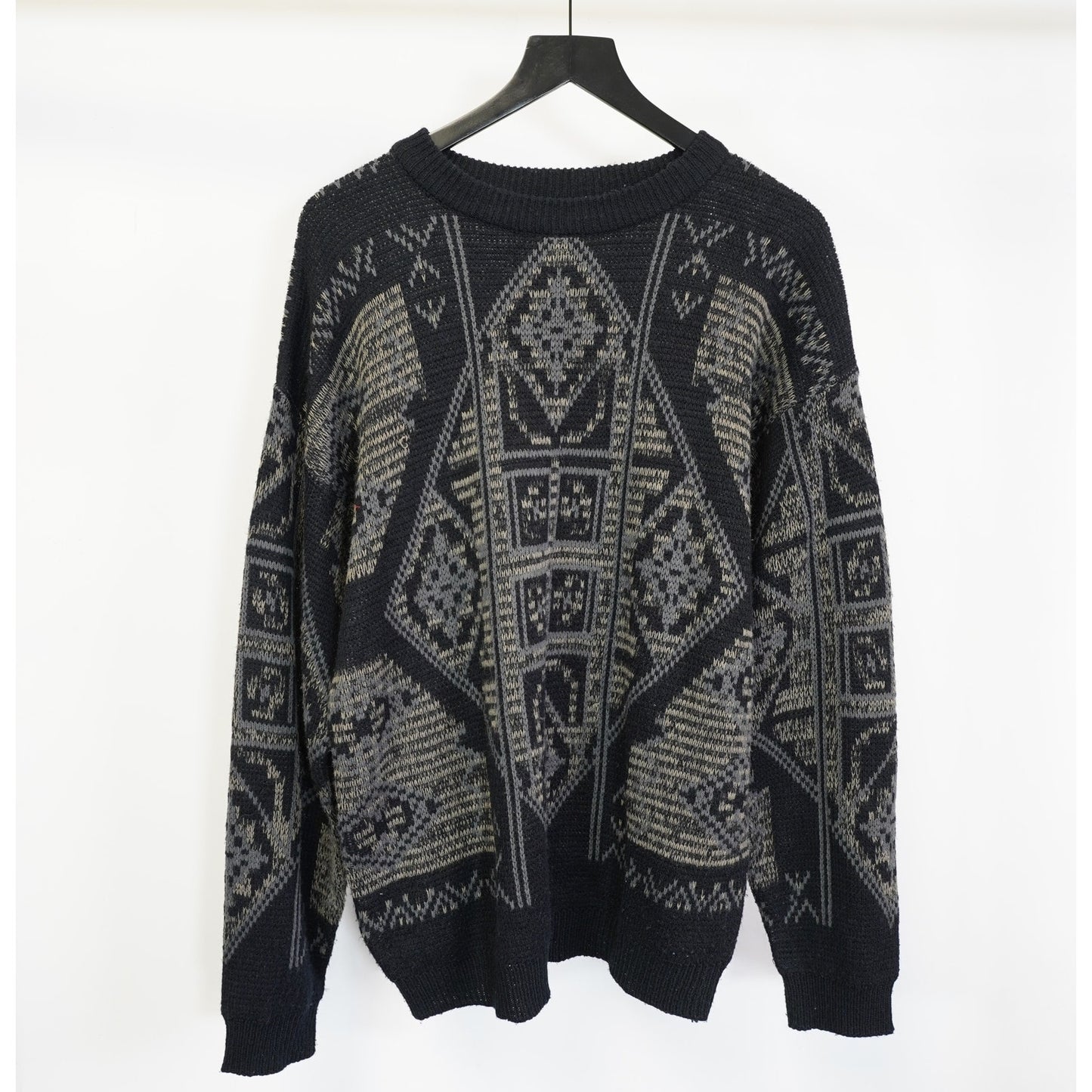 (L) Vintage Henry Morell Knit 90s Geometric Pattern Sweater Men's L Black Gray