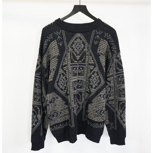 (L) Vintage Henry Morell Knit 90s Geometric Pattern Sweater Men's L Black Gray