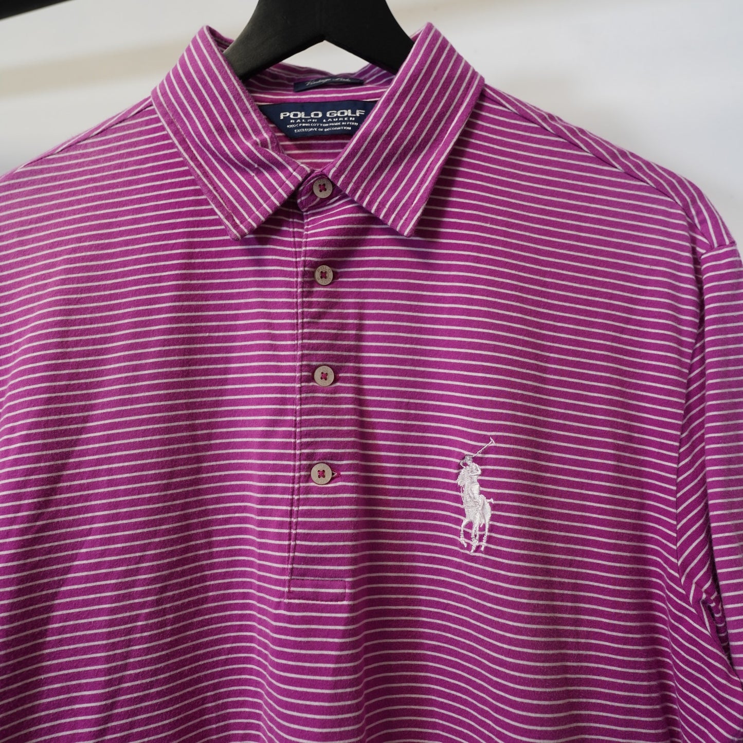 (M) Polo Golf Ralph Lauren Vintage Lisle Shirt Men M Pink Striped Big Pony Tournamen