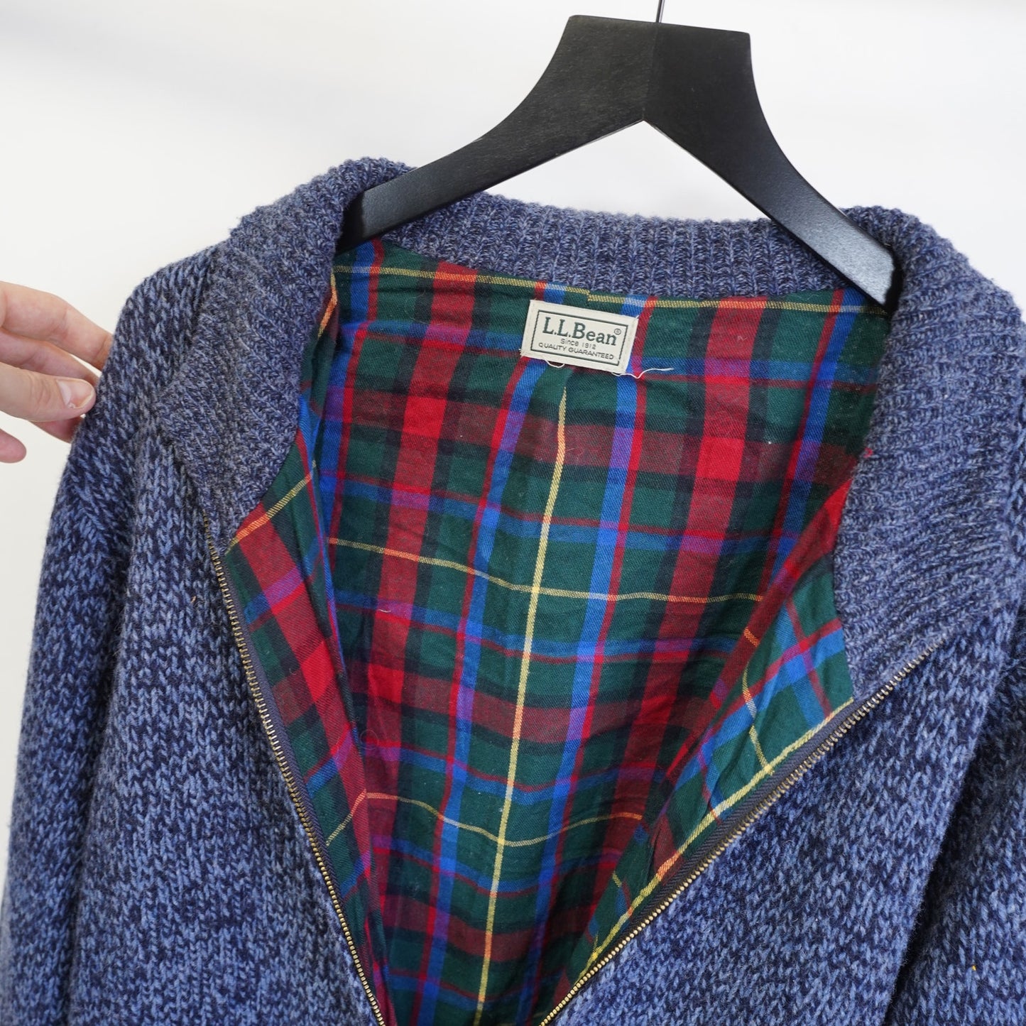 (XL) L.L. Bean Lambs Wool Knit Full Zip Sweater Plaid Blanket Lined Men's XL Blue