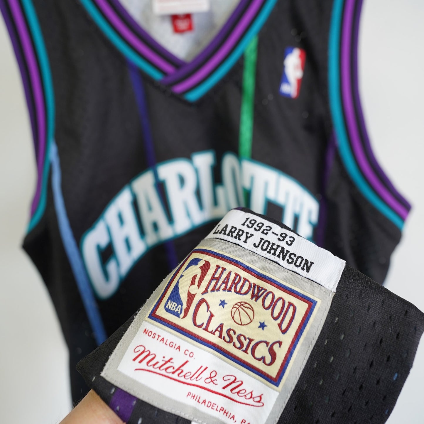(L) Charlotte Hornets Larry Johnson Mitchell & Ness Basketball Jersey Men's L Black