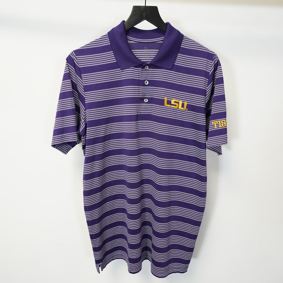 (M) LSU Tigers Embroidered Striped Performance Polo Shirt Mens M Purple White NCAA