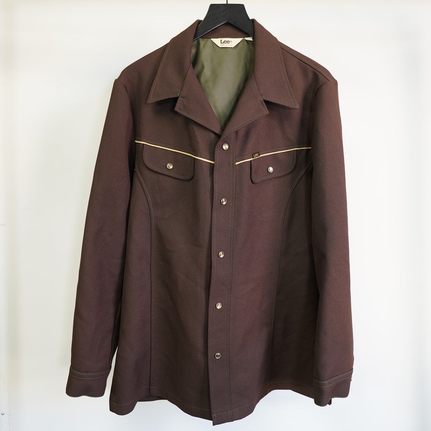 (L) True Vintage Lee Western 70s Polyester Pearl Snap Button Down Shirt Mens L Brown