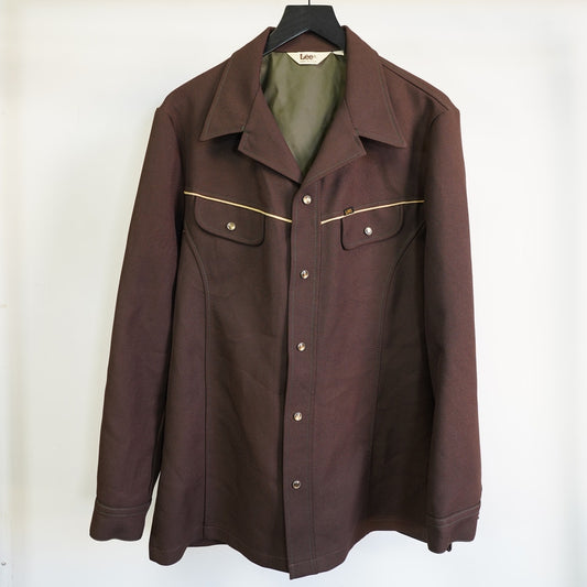 (L) True Vintage Lee Western 70s Polyester Pearl Snap Button Down Shirt Mens L Brown