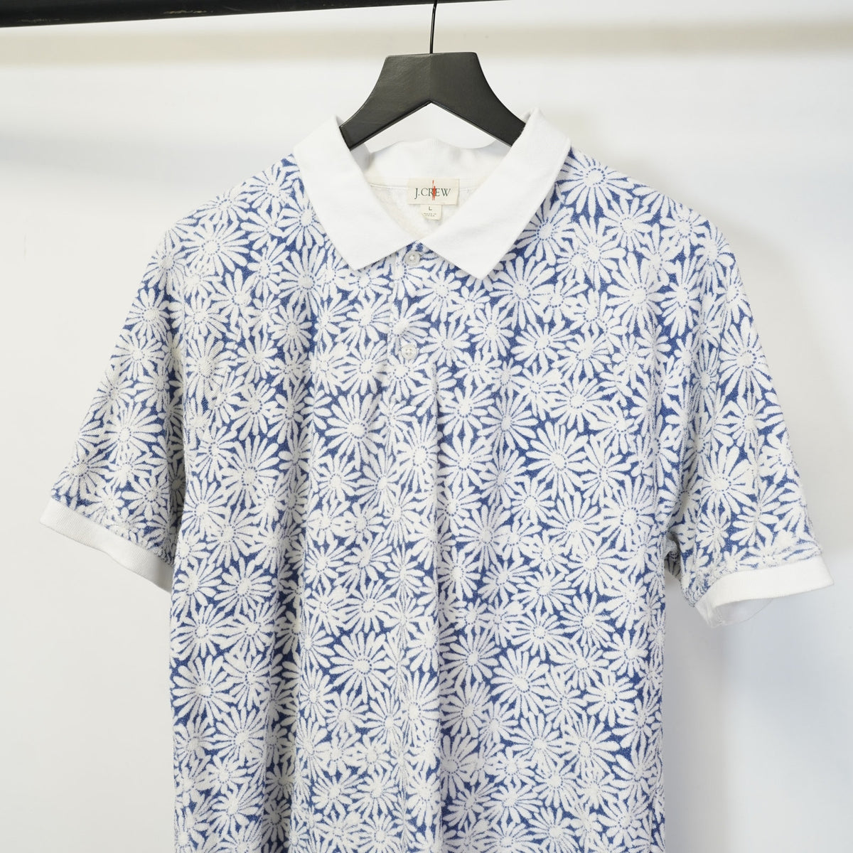 (L) J. Crew Floral Performance Polo Shirt Daisy Flower Men's L Blue White Preppy