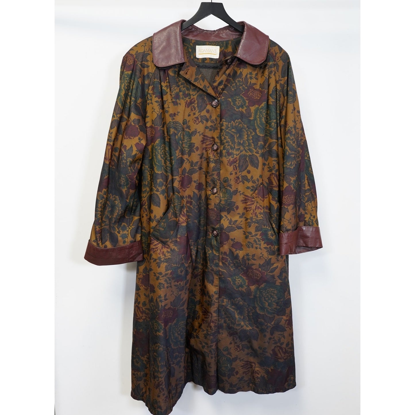(Women's M) Vintage Roamans Floral Iridescent Trench Coat Flower Print Women's M Sz. 8 Brown