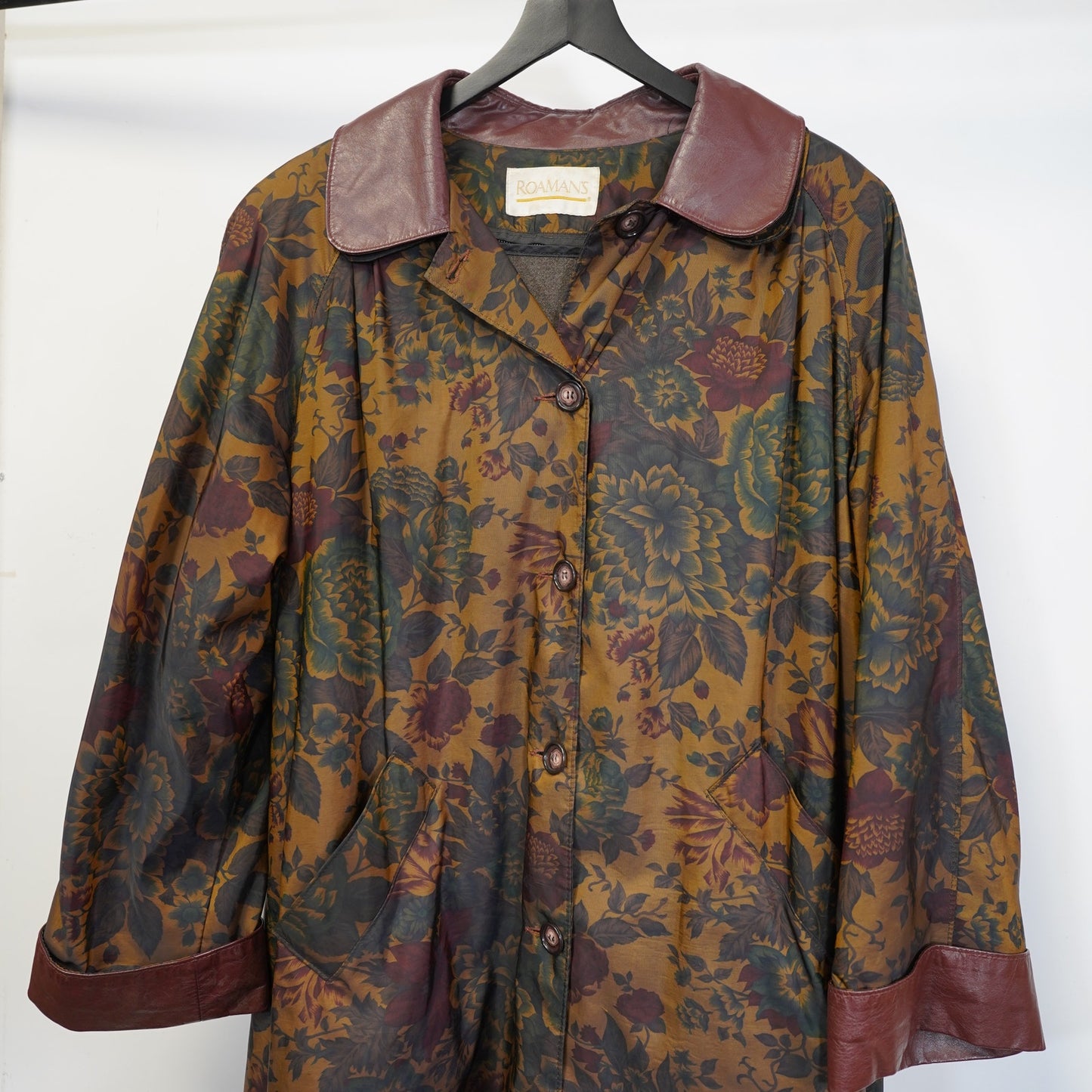 (Women's M) Vintage Roamans Floral Iridescent Trench Coat Flower Print Women's M Sz. 8 Brown