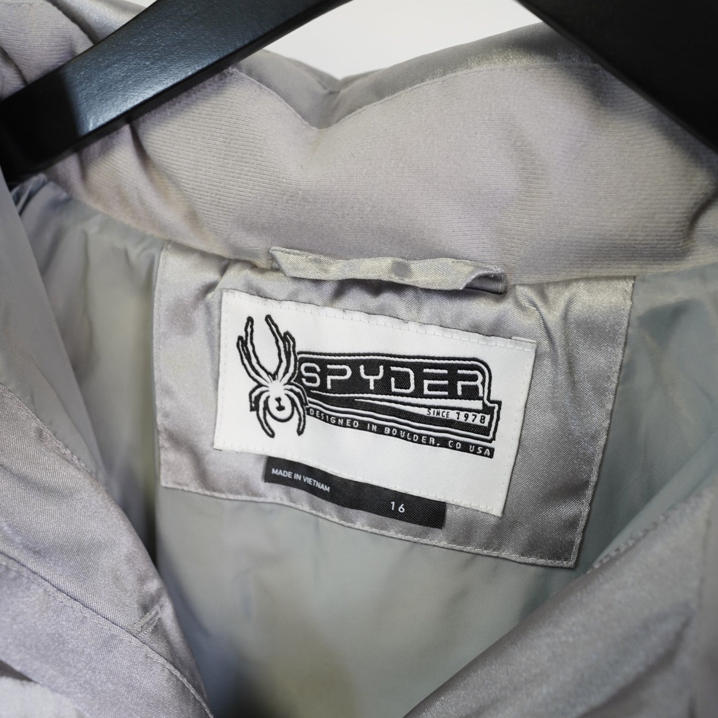 (Women's L) Vintage Spyder Y2K Silver Chrome Down Puffer Jacket Womens L 16 2000s Futuristic