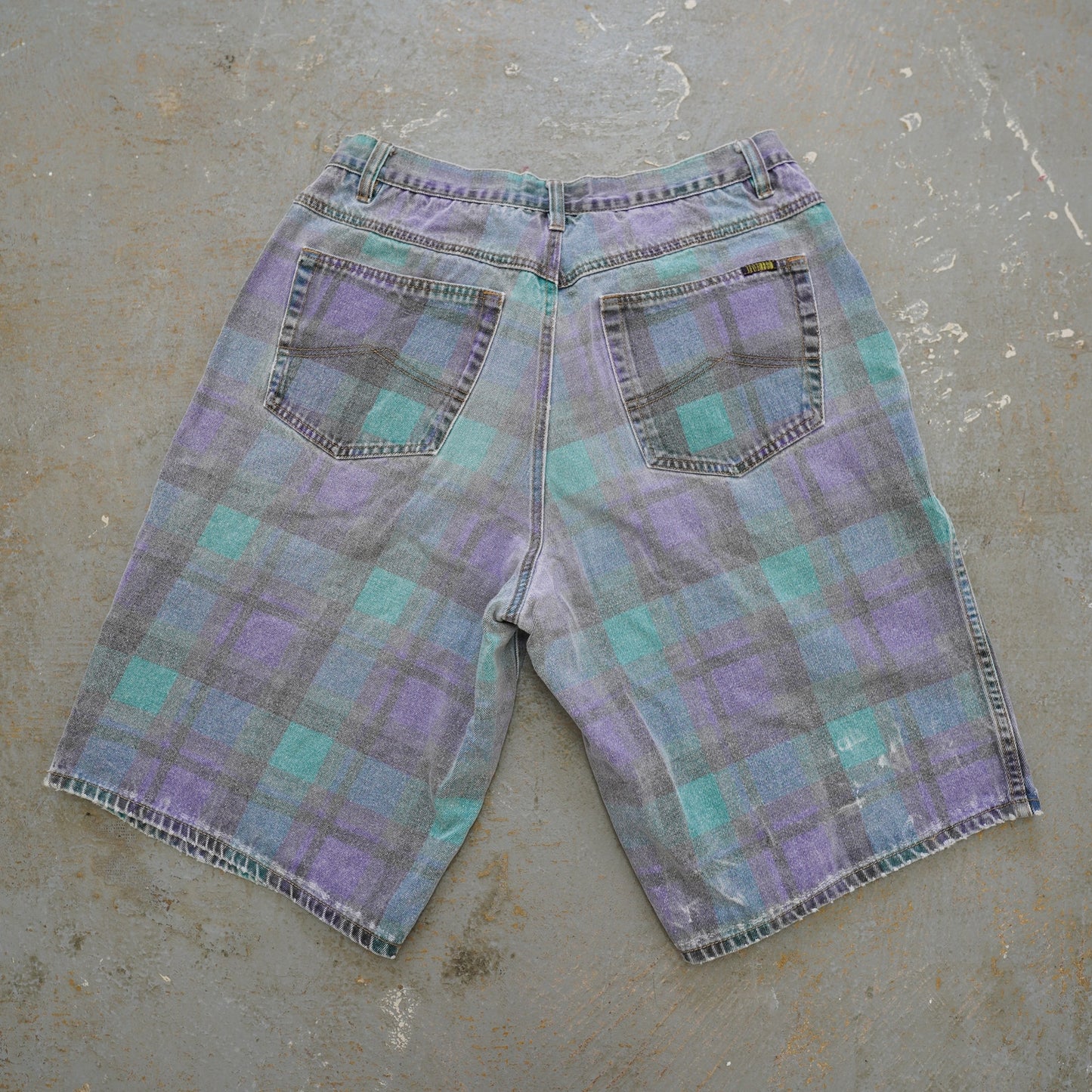 (Men's 36) Vintage 90s Plaid Skater Grunge Baggy Shorts Men's 36 Aqua Purple Retro Surf