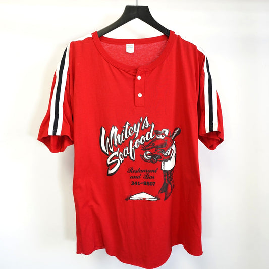 (XL) True Vintage Whitey's Seafood Crawfish Baseball Jersey Henley Men's XL Texas Red