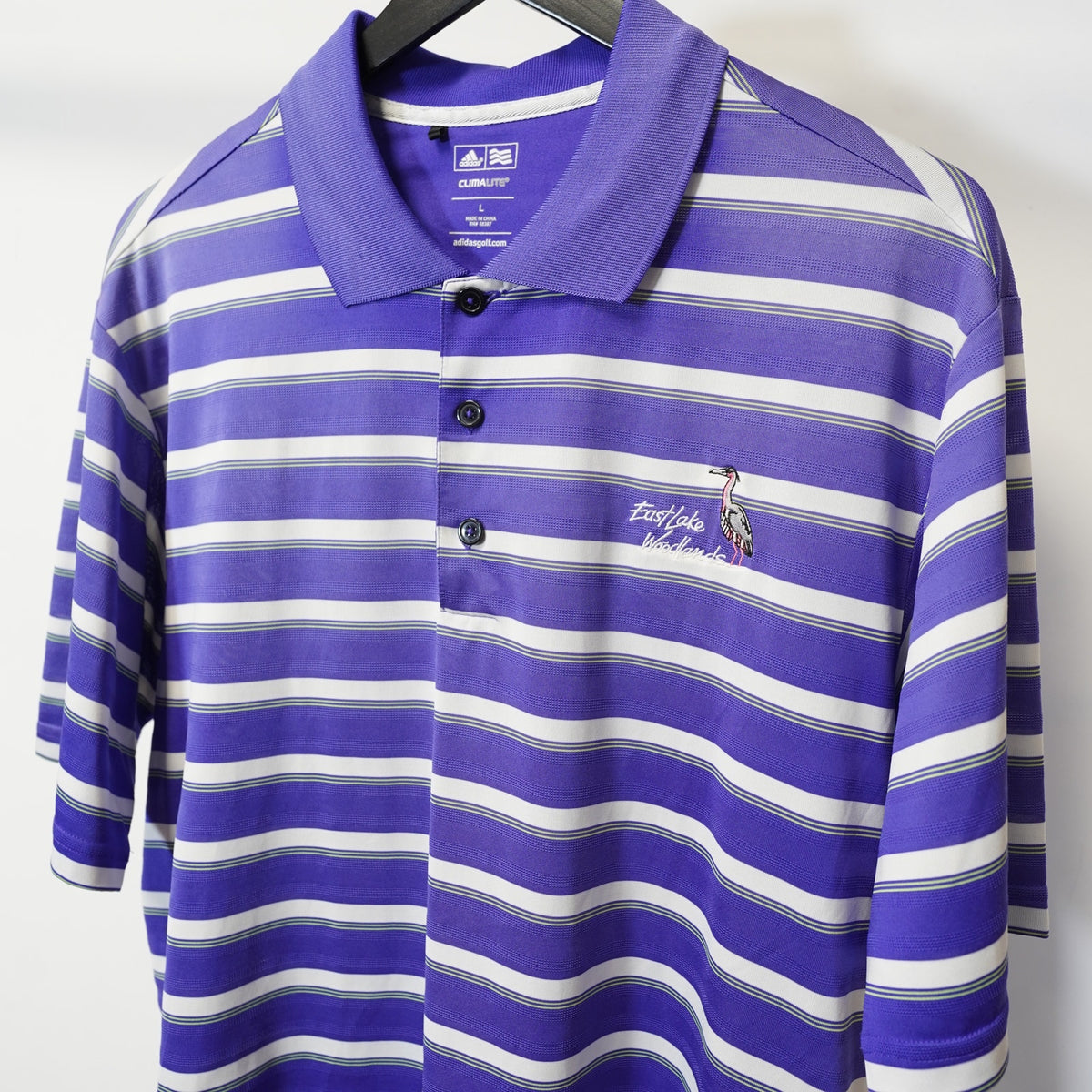 (L) Adidas Climalite Striped Purple Golf Performance Polo Men's L Embroidered Bird