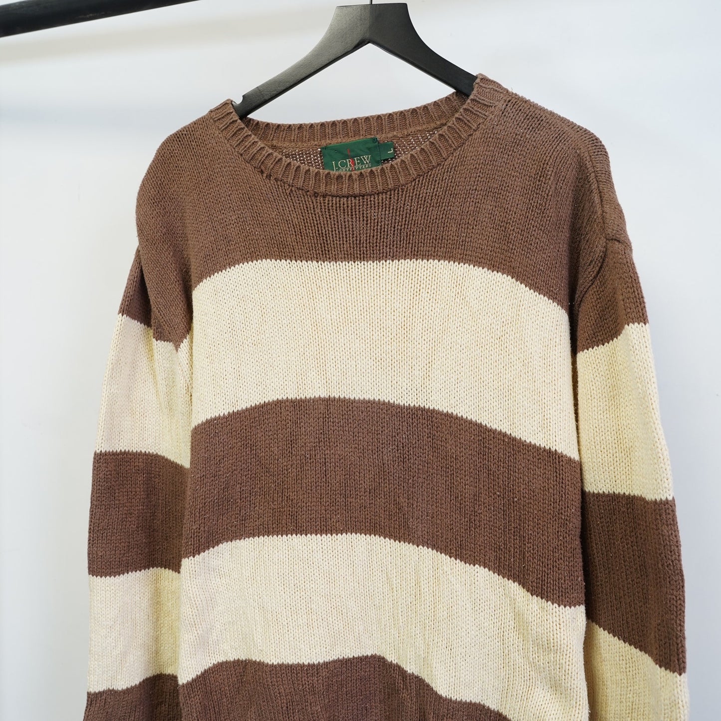 (L) Vintage J. Crew 90s Knit Striped Sweater Men's L USA Made Brown Cream