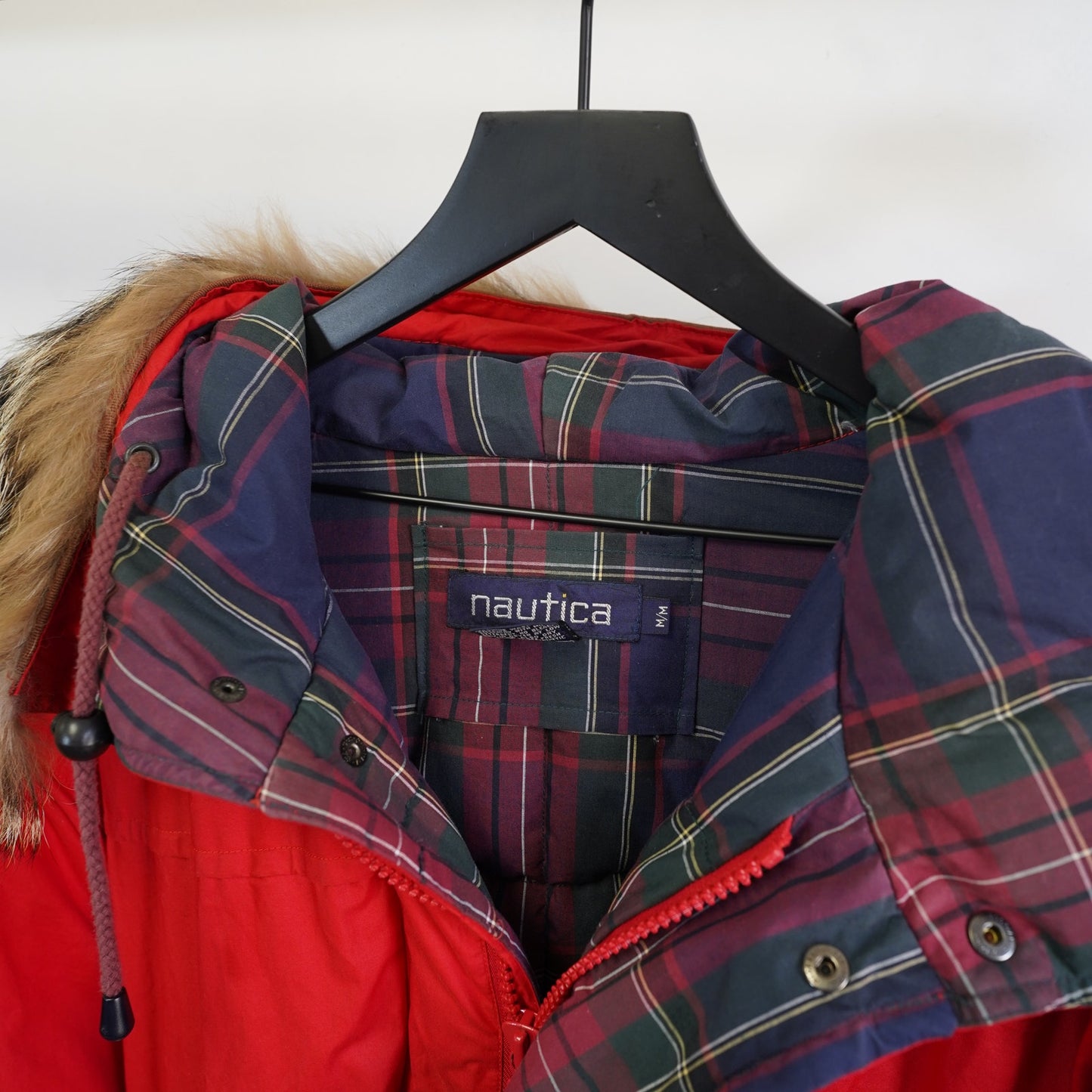 (M) Vintage 90s Nautica Plaid Lined Red Bomber Puffer Jacket Men's M Fur Hood Preppy
