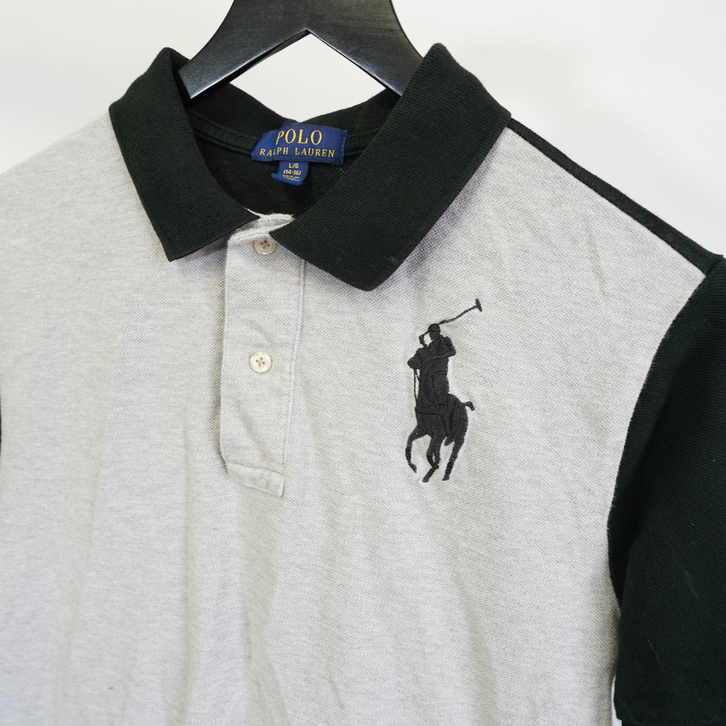 (Boys L) Polo Ralph Lauren Big Pony Sewn Colorblock Polo Shirt Boys L 14-16 Gray Black