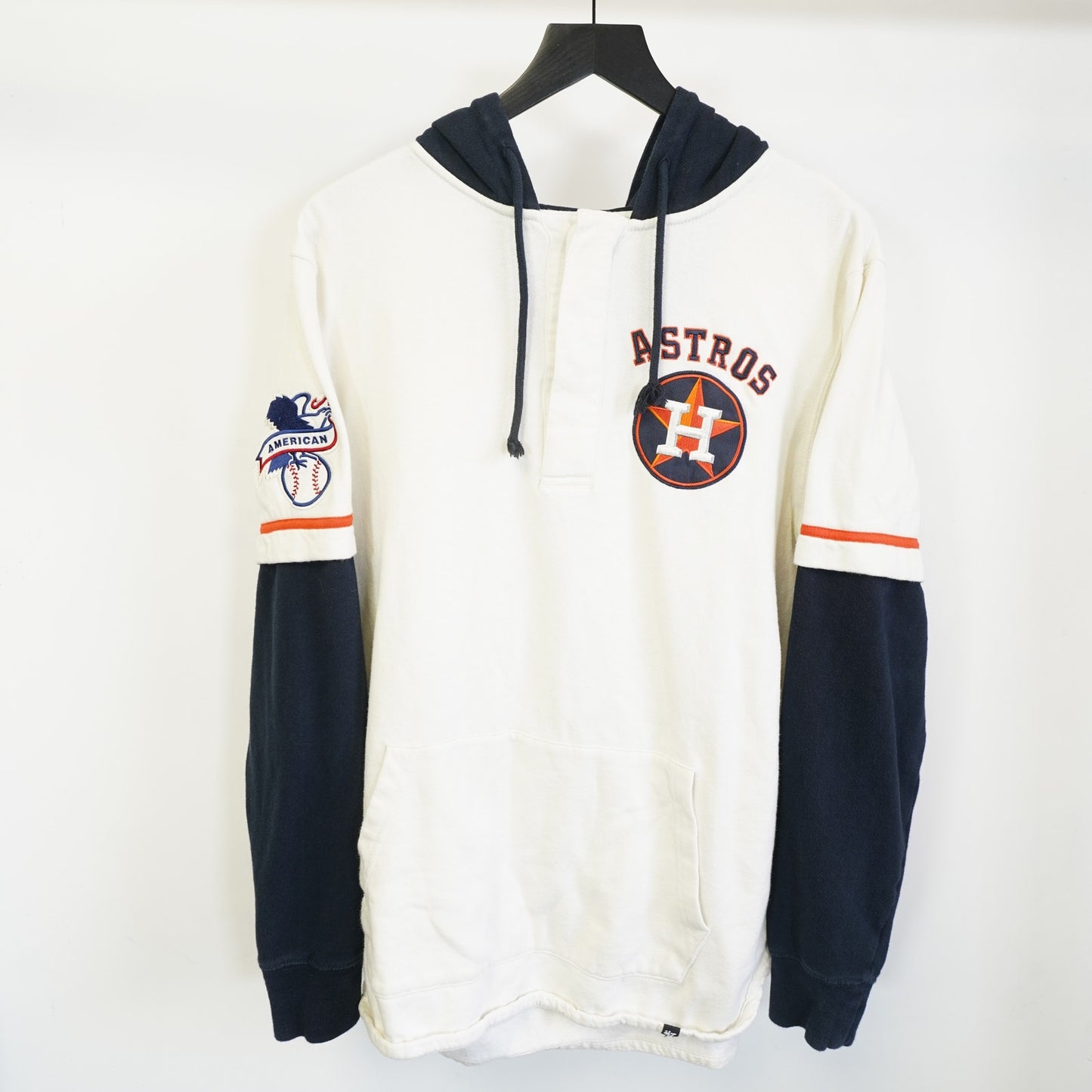 (L) Houston Astros Majestic Baseball Jersey Hoodie Men's L Embroidered Cream Blue
