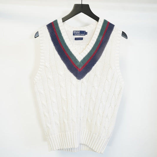 (S) Vintage Polo Ralph Lauren Cable Knit Cricket Sweater Vest Men's S White V Neck