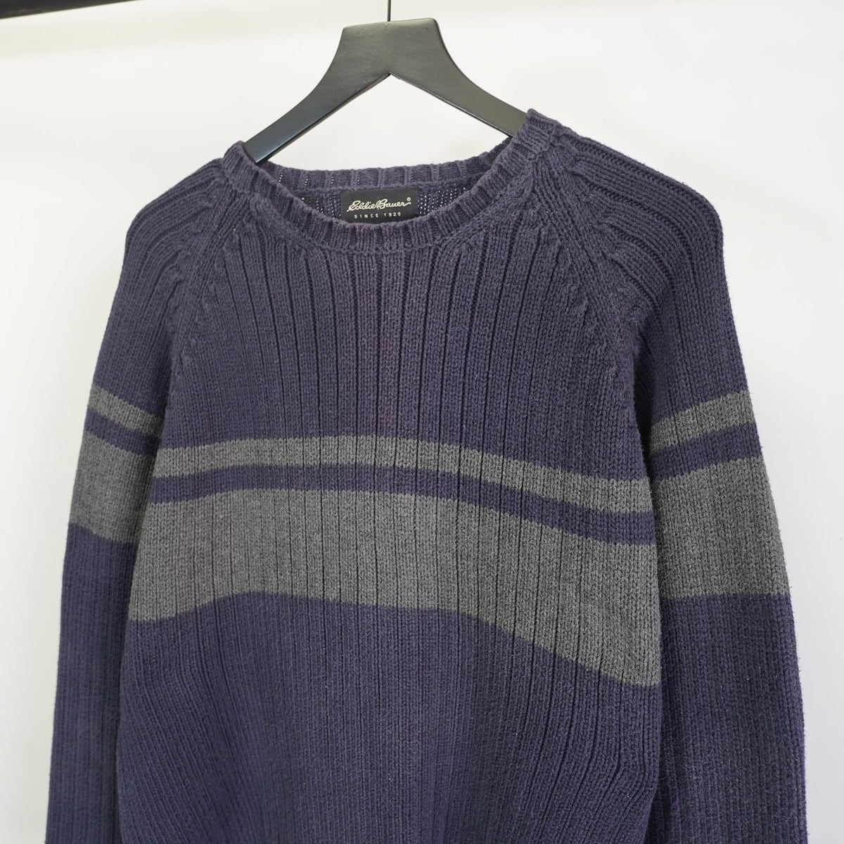 (M) Vintage Eddie Bauer Utility Y2K Striped Knit Sweater Mens M Navy Blue Gray 2000