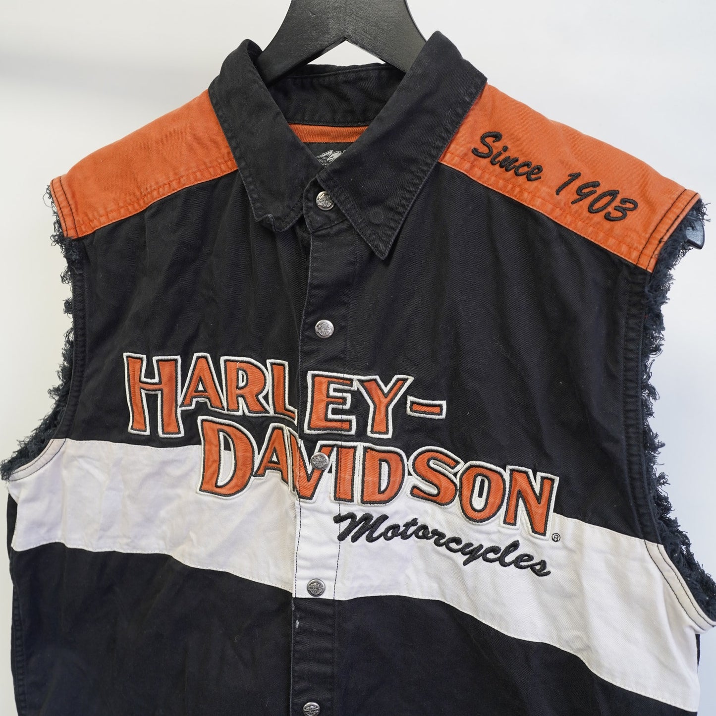 (M) Vintage Harley Davidson Motorcycle Vest Stitched Men's M Black Oranger Biker